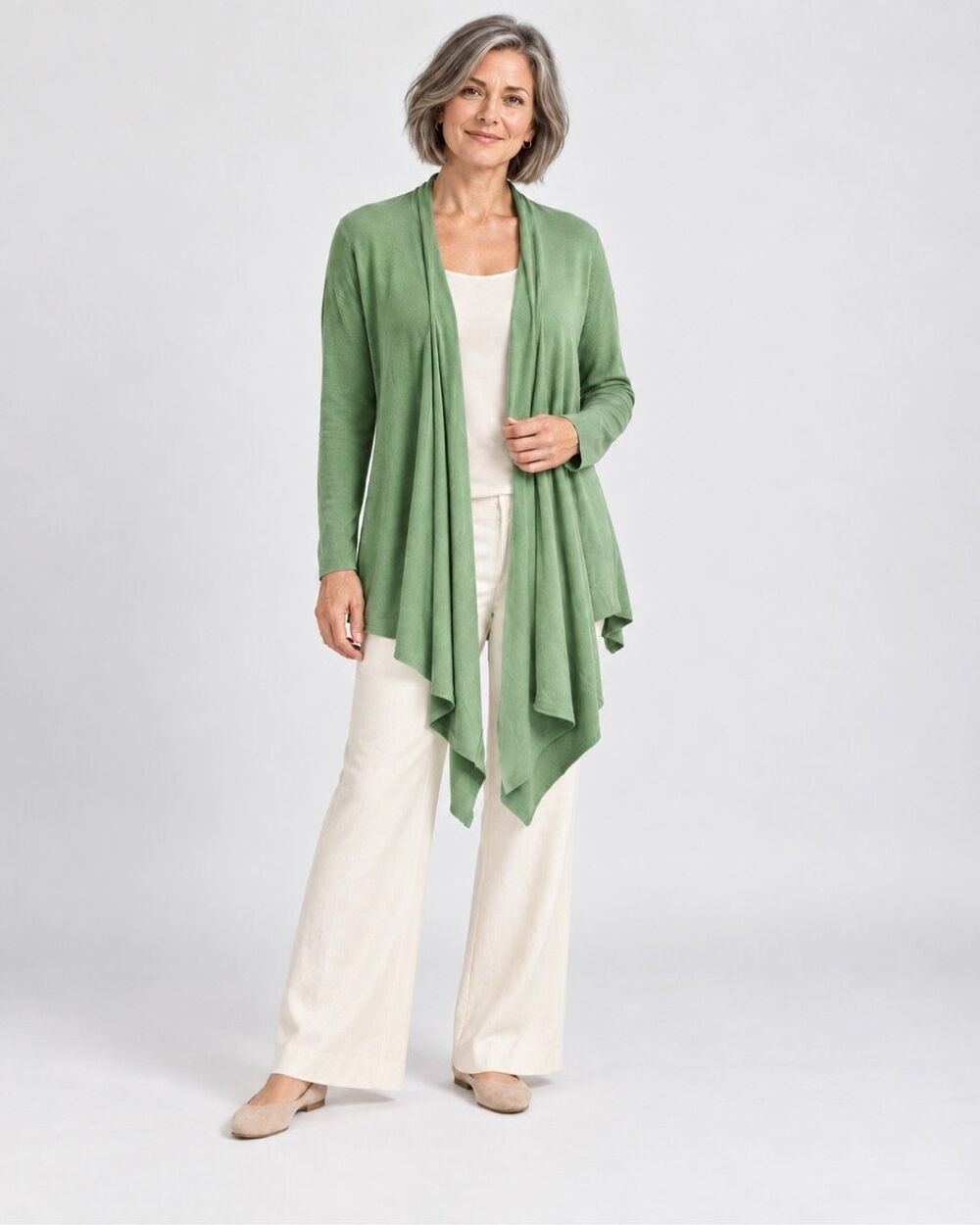 Eileen Fisher Silk Cashmere Sage Green Waterfall Cardigan Sweater L